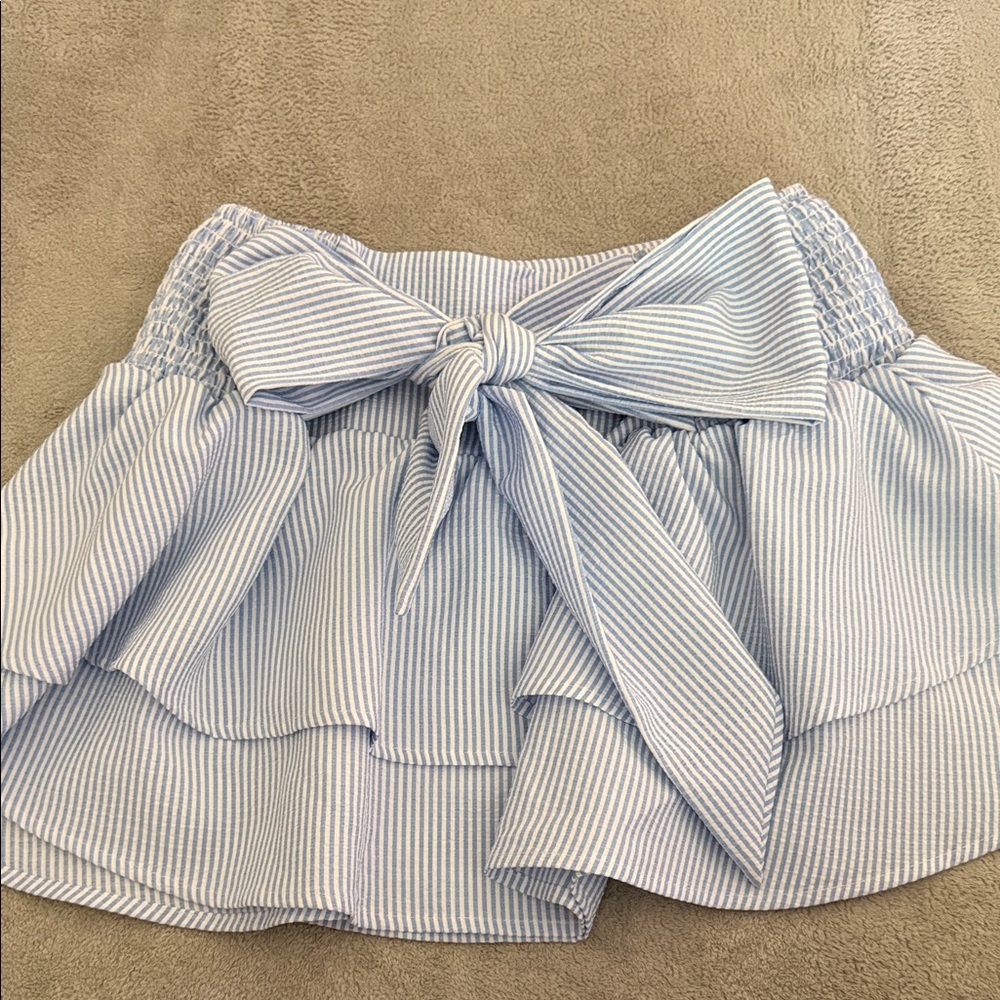 HALARA Light Blue & White Striped Ruffle Mini Skirt with Front Bow